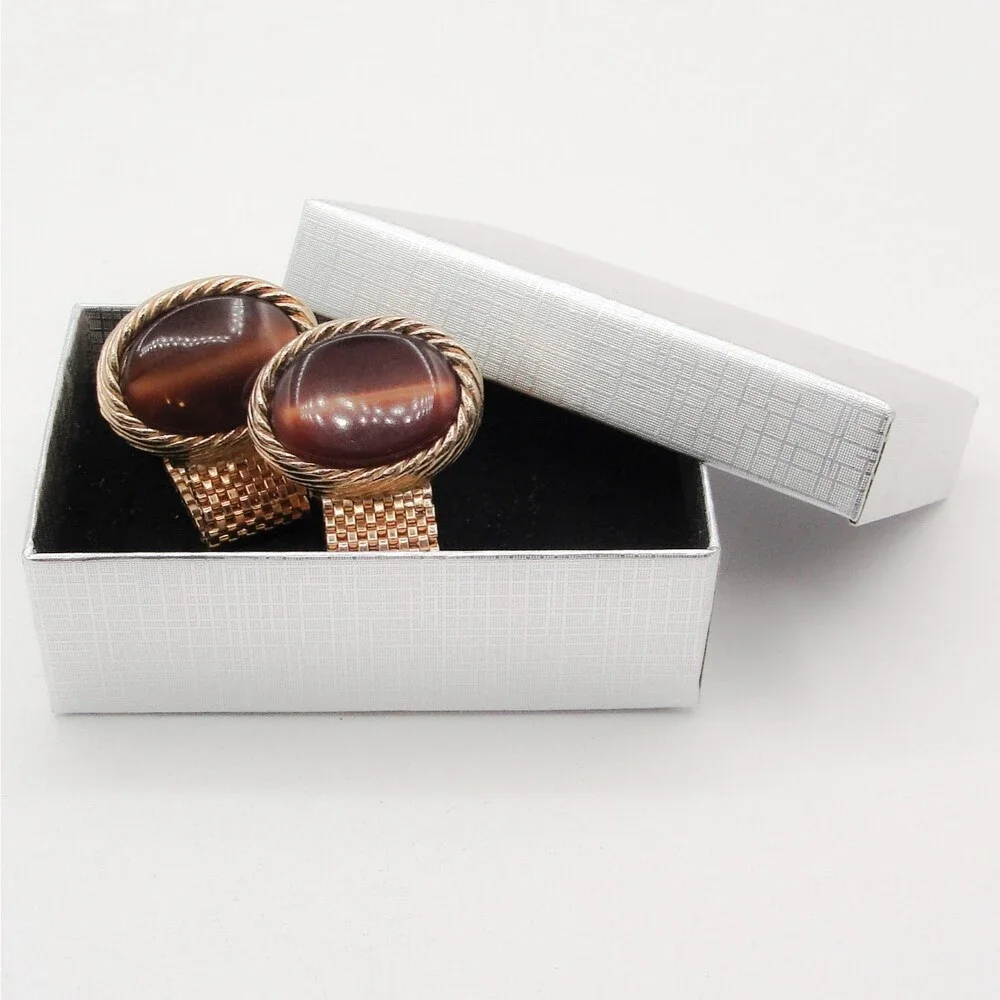 Vintage Swank Brown Tigers Eye Cabochon Gold Tone Mesh Wrap Around Cufflinks MCM
